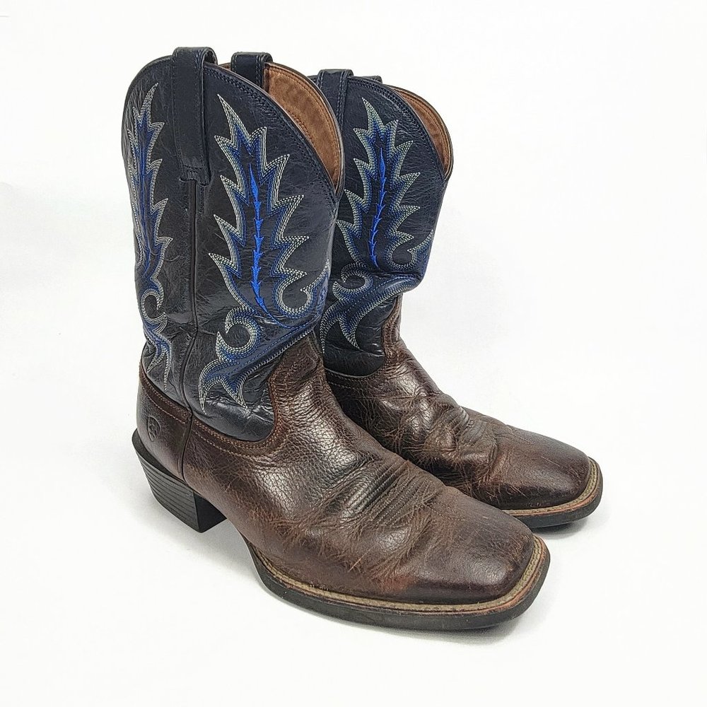 Mens Ariat Square Toe ATS Boots Size 10EE Brown & Blue Leather Style 10015300